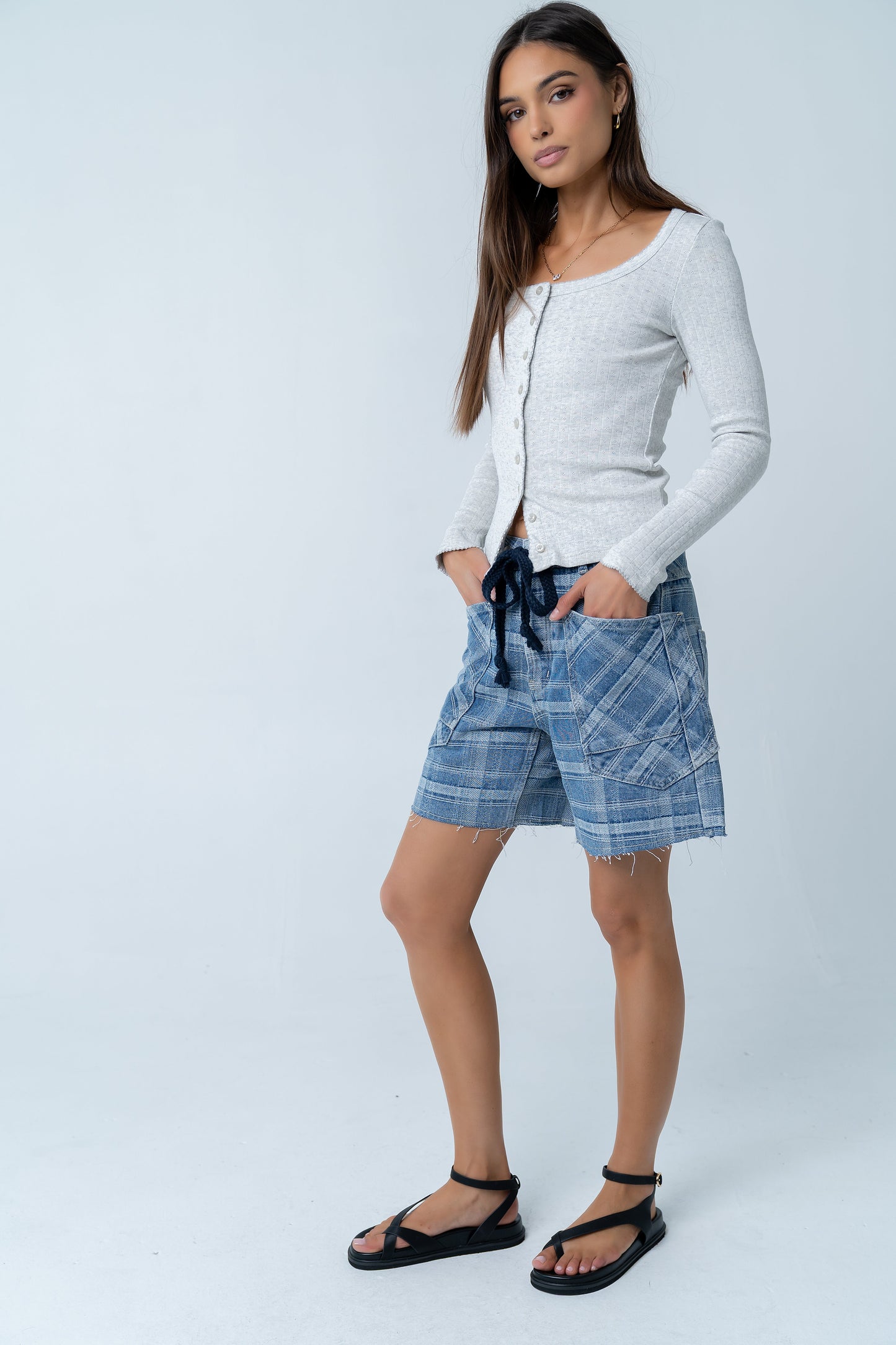 Roselyn Plaid Denim Shorts