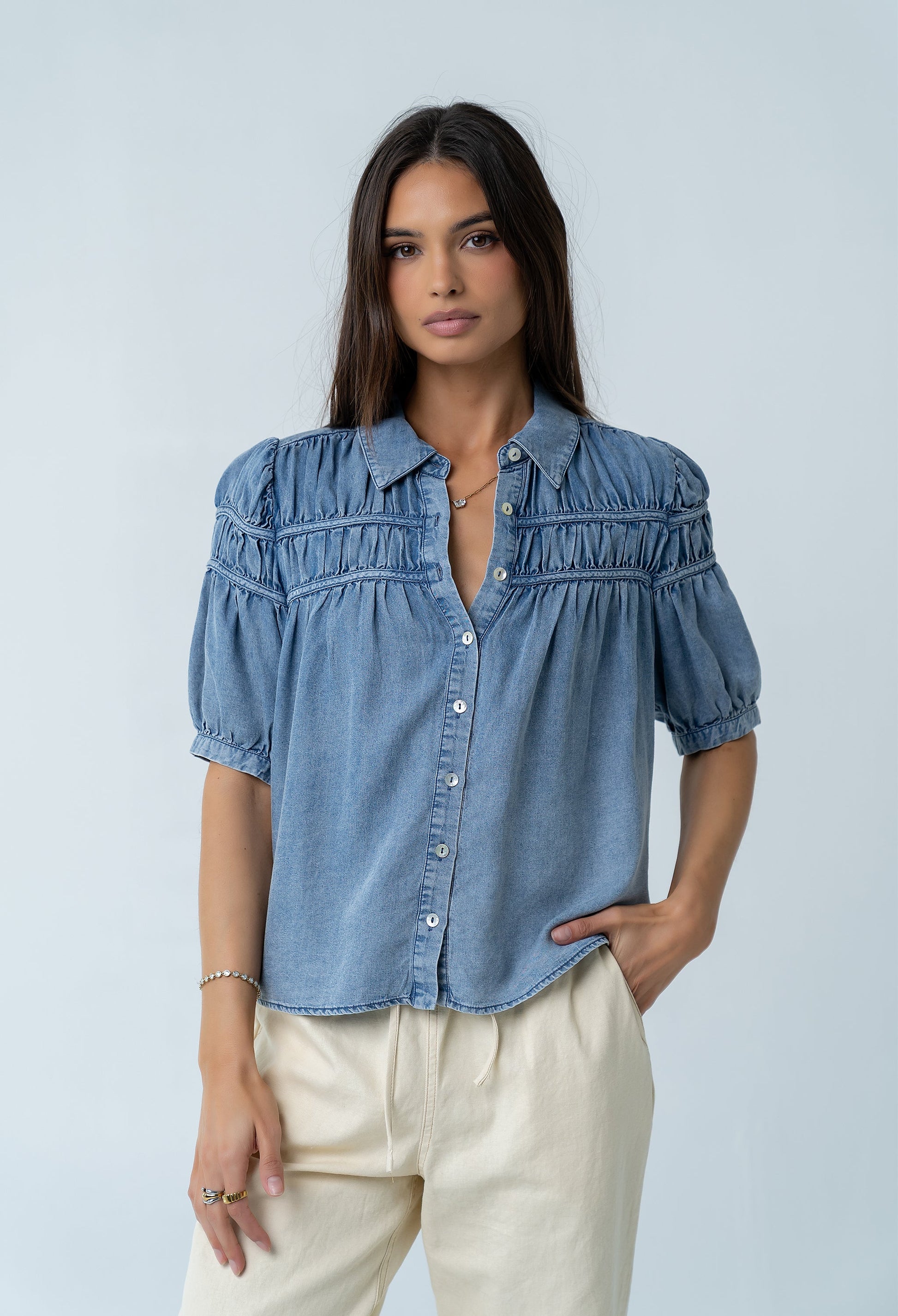 Whitney Button Up Blouse in Medium Wash