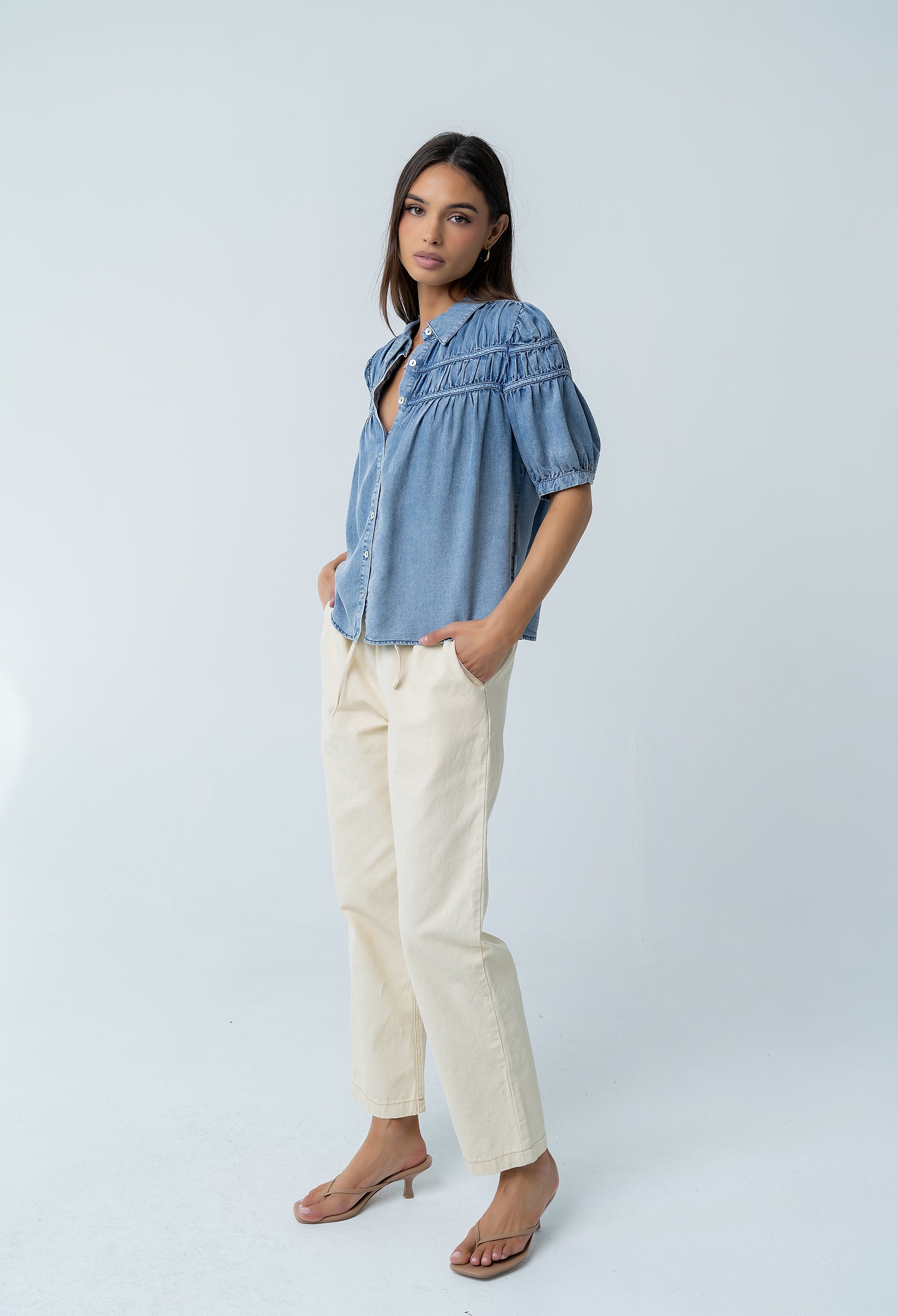 Whitney Button Up Blouse in Medium Wash