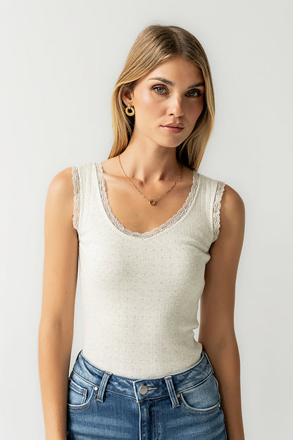Mackie Lace Trim Tank in Heather Grey