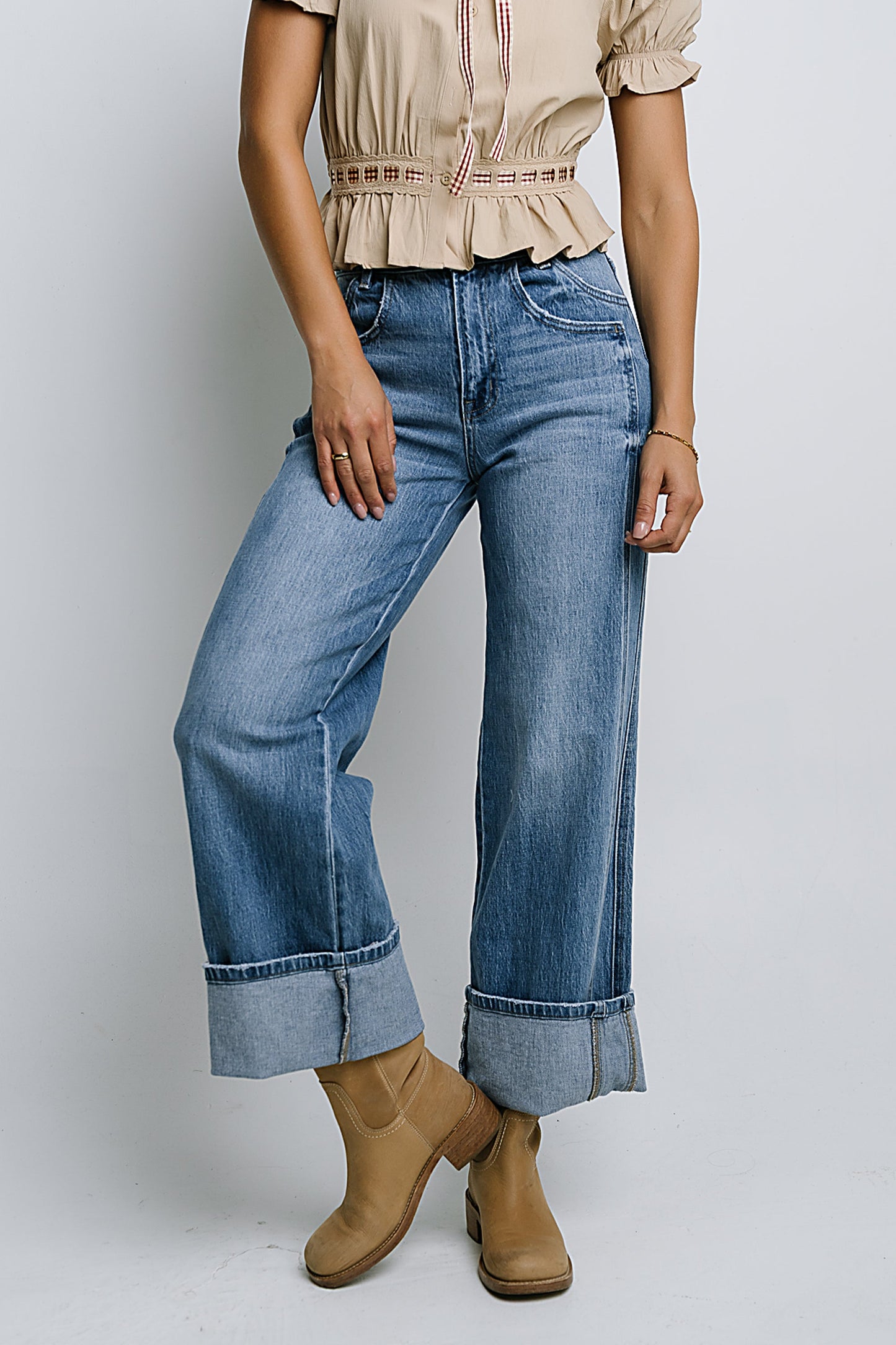 Jade Cuffed Wide Leg Jeans in Medium Wash - FINAL SALE